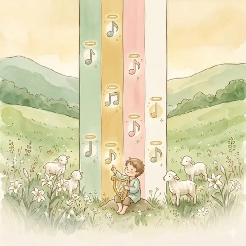 A child playing David's harp in a meadow