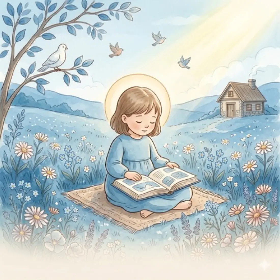 A child reading a book in a sunlit meadow